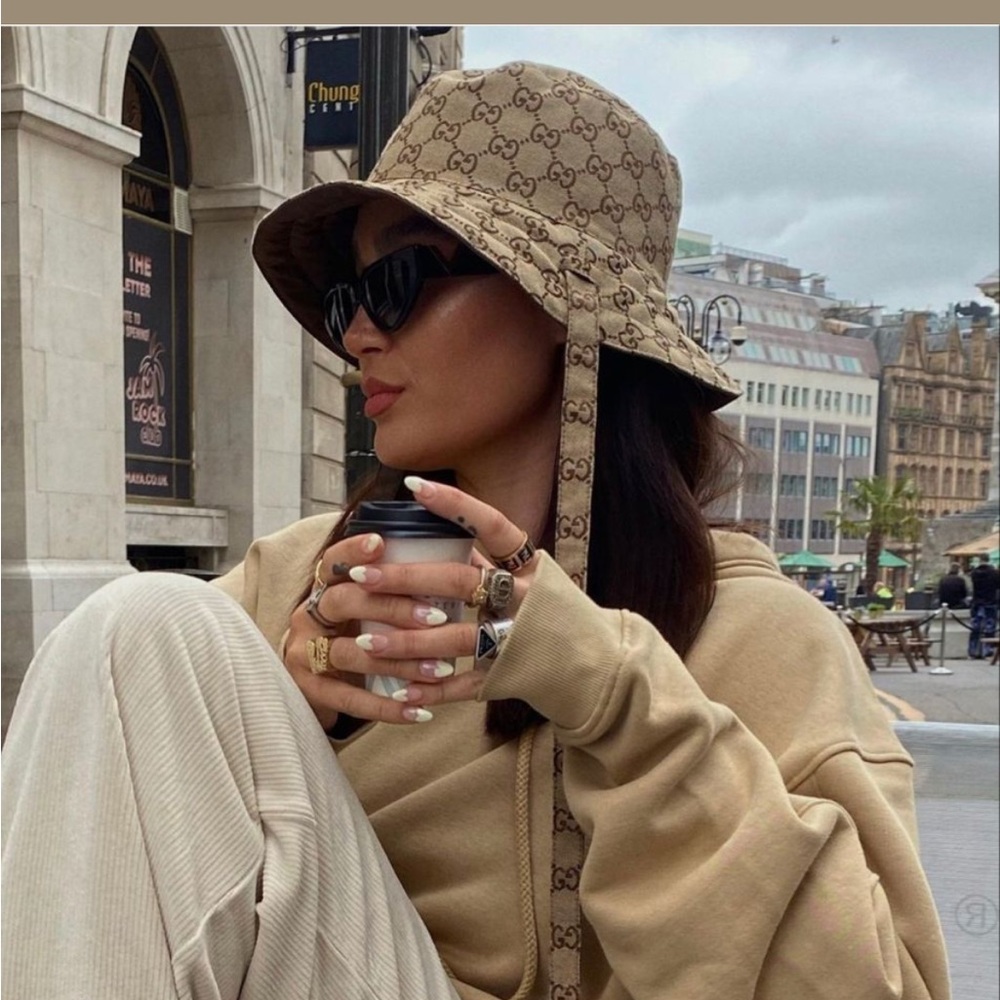 Gucci Beige GG Monogram Bucket Hat with Chin Straps